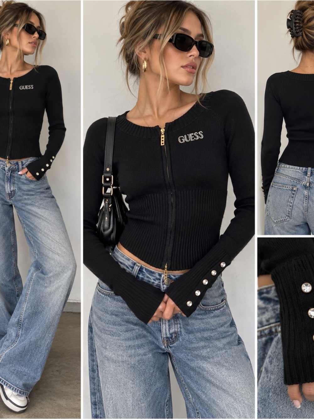 Guess Sweater Women Medium Black Good Boat Neck Ribbed Zip Rhinestone Logo